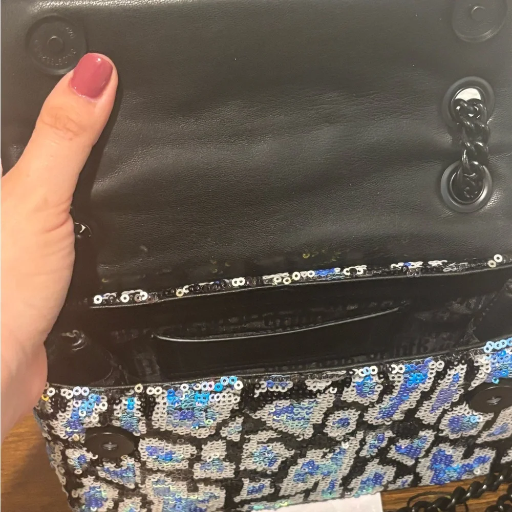 Kurt Geiger Blue & Purple Sequin Leopard Crossbody with Black Chain - Picture 5 of 8